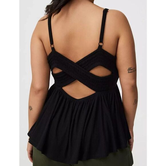 Torrid Women's Plus Sz 2 2X/18-20 Deep Black Smocked Criss-Cross Babydoll Top - Picture 8 of 8